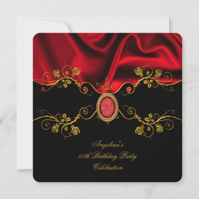 Elegant Red Silk Jewel Black Gold Birthday Party Invitation (Front)