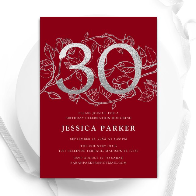 Elegant Red Silver 30th Birthday Invitation (Creator Uploaded)