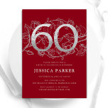 Elegant Red Silver 60th Birthday Invitation<br><div class="desc">Elegant red silver 60th birthday party invitation. Customisable modern feminine design featuring roses botanical accents and faux glitter silver. Simple floral invite card perfect for a stylish female bday celebration. Personalise with your own details. Printed Zazzle invitations or instant download digital printable template.</div>
