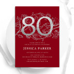 Elegant Red Silver 80th Birthday Invitation<br><div class="desc">Elegant red silver 80th birthday party invitation. Customisable modern feminine design featuring roses botanical accents and faux glitter silver. Simple floral invite card perfect for a stylish female bday celebration. Personalise with your own details. Printed Zazzle invitations or instant download digital printable template.</div>