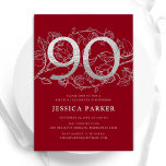 Elegant Red Silver 90th Birthday Invitation<br><div class="desc">Elegant red silver 90th birthday party invitation. Customisable modern feminine design featuring roses botanical accents and faux glitter silver. Simple floral invite card perfect for a stylish female bday celebration. Personalise with your own details. Printed Zazzle invitations or instant download digital printable template.</div>