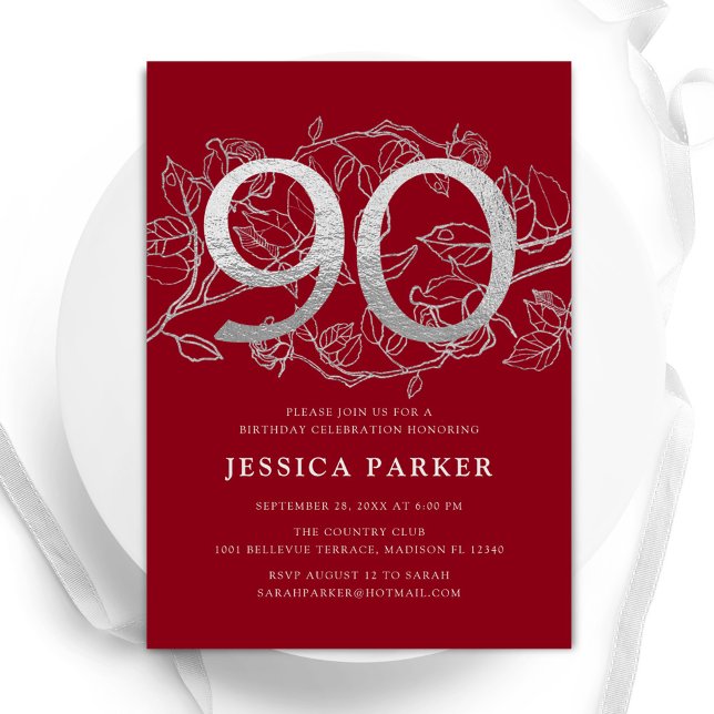 Elegant Red Silver 90th Birthday Invitation (Creator Uploaded)