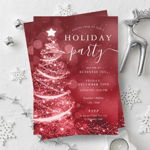 Elegant Red Silver Christmas Tree Company Holiday  Invitation