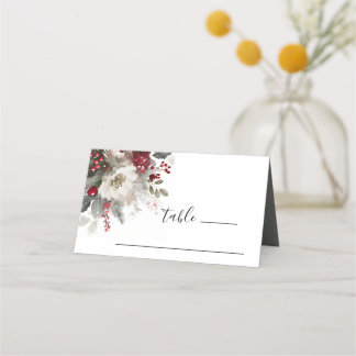 Elegant Red Silver Christmas Winter Floral Wedding Place Card