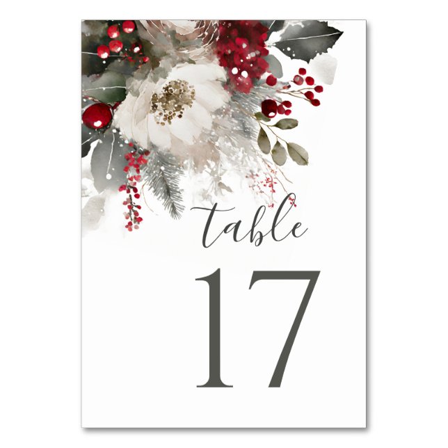Elegant Red Silver Christmas Winter Floral Wedding Table Number (Front)