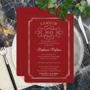 Elegant Red   Silver College Graduation Party Invitation