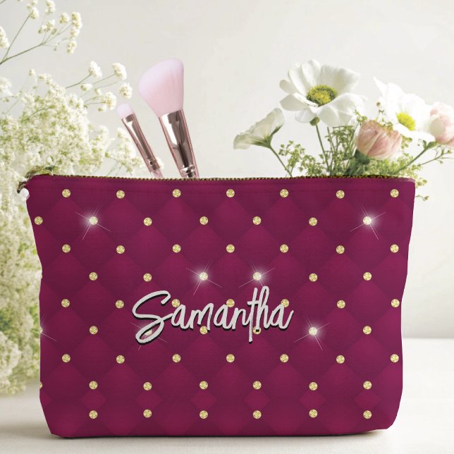 Elegant red silver faux glitter drips monogrammed accessory pouch (Creator Uploaded)