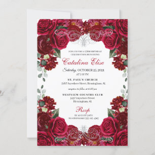 Elegant Red & Silver Floral Quinceanera Birthday I Invitation