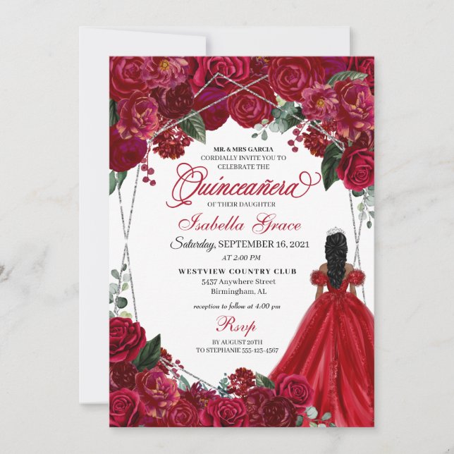 Elegant Red & Silver Floral Quinceanera Birthday I Invitation (Front)