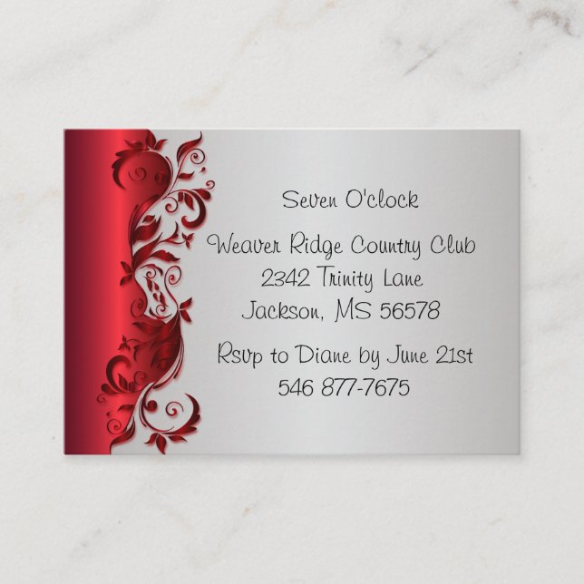 Elegant Red & Silver Florid Wedding Design Enclosure Card (Front)