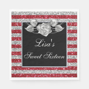 Elegant Red Silver Glitter Silver Rose Sweet 16 Napkin