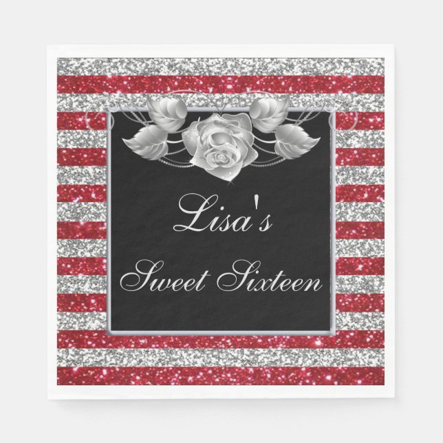 Elegant Red Silver Glitter Silver Rose Sweet 16 Napkin (Front)
