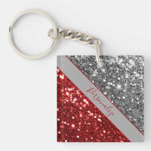 Elegant Red Silver Glitter Sparkle Personalise Key Ring