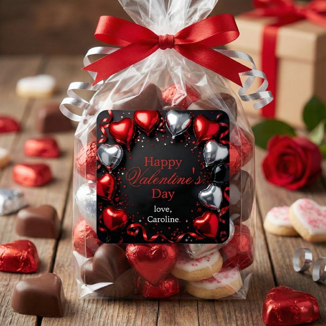 Elegant Red Silver Heart Balloons Valentine's Day Square Sticker (Creator Uploaded)