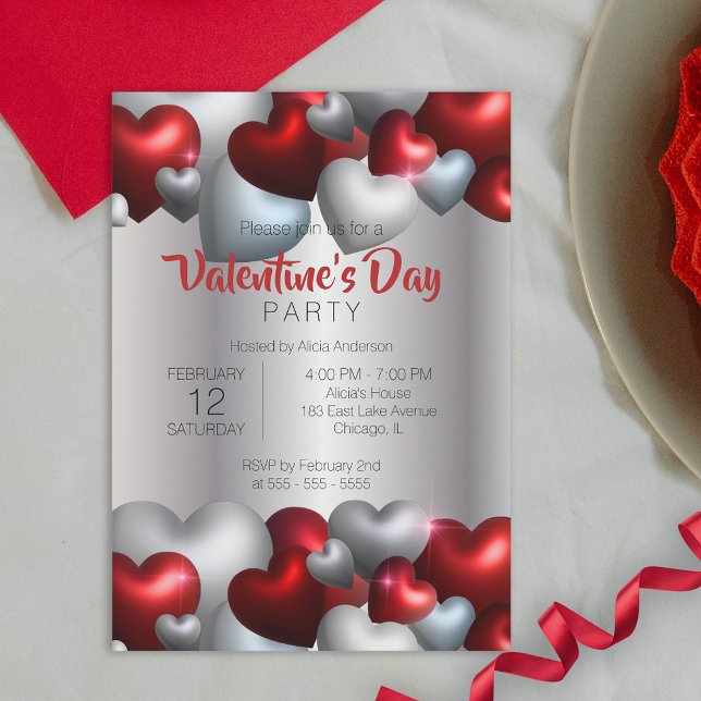 Elegant Red Silver Hearts Valentine's Day Party Invitation (Creator Uploaded)