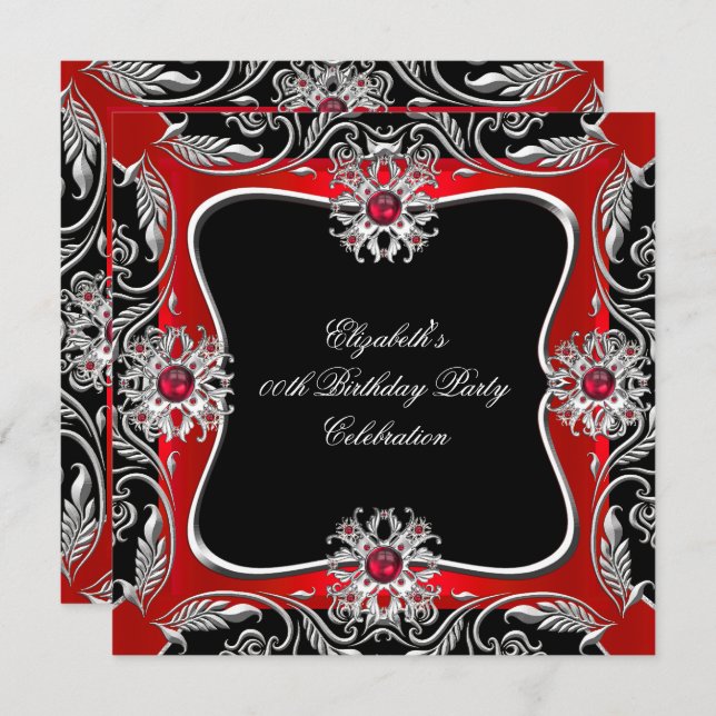 Elegant Red Silver Jewel Black Birthday Party Invitation (Front/Back)