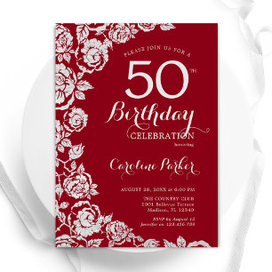Elegant Red Silver Roses 50th Birthday Party Invitation