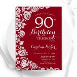 Elegant Red Silver Roses 90th Birthday Party Invitation<br><div class="desc">Red silver floral 90th birthday party invitation. Elegant design featuring roses,  faux silver foil and typography script font. Trendy invite card perfect for a stylish female bday celebration. Can be customised to any age. Printed Zazzle invitations or instant download digital printable template.</div>
