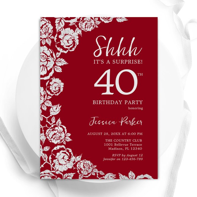 Elegant Red Silver Roses Surprise 40th Birthday Invitation (Creator Uploaded)