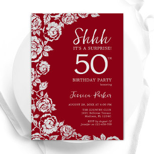 Elegant Red Silver Roses Surprise 50th Birthday Invitation