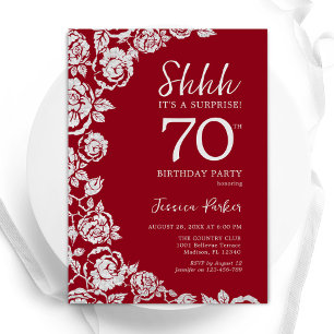 Elegant Red Silver Roses Surprise 70th Birthday Invitation
