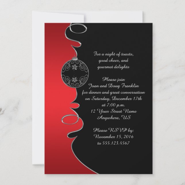 Elegant Red Silver Swirls Black Christmas Party Invitation (Front)