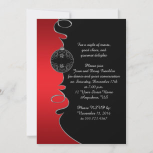 Elegant Red Silver Swirls Black Christmas Party Invitation