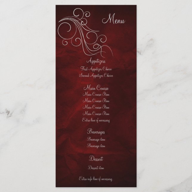 Elegant Red Silver Wedding Menu Rack Card (Front)