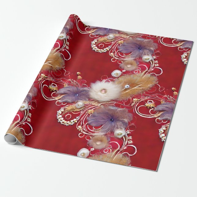 Elegant Red Silvery Golden Feathers Beaded Pearl Wrapping Paper (Unrolled)