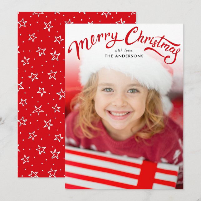 Elegant Red Simple Merry Christmas Photo Holiday Card (Front/Back)