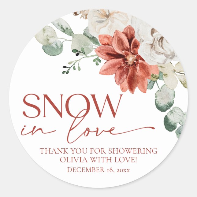 Elegant Red Snow in Love Winter Bridal Shower Classic Round Sticker (Front)