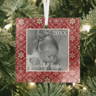 Elegant Red Snowflake Fun Photo Personalised Glass Tree Decoration