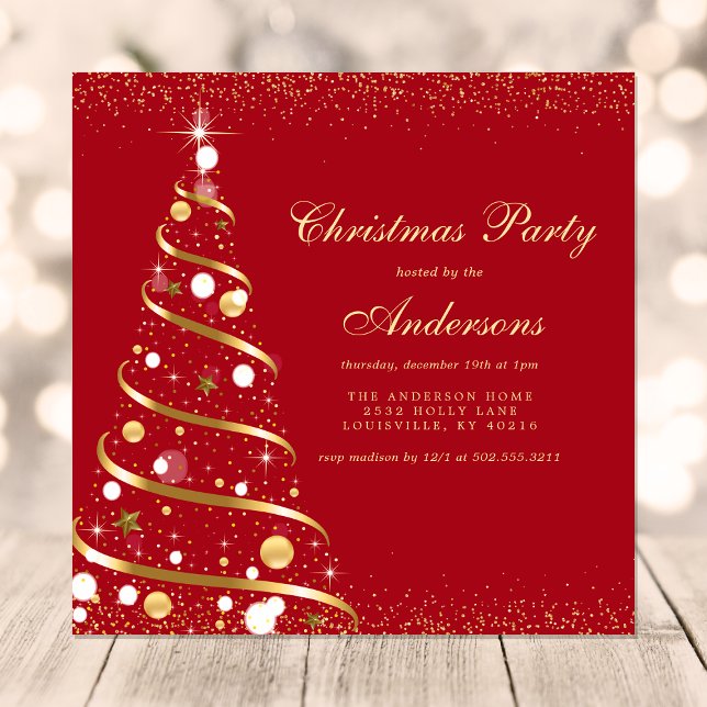 Elegant Red Sparkle Christmas Tree Party Invitation (Creator Uploaded)