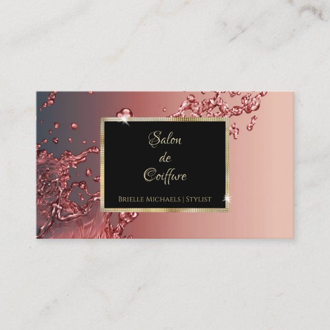 Elegant Red Splash Black and Gold Hair Salon Business Card (Front)