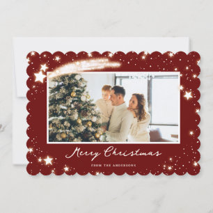 Elegant Red Stars Snow Photo Merry Christmas Card