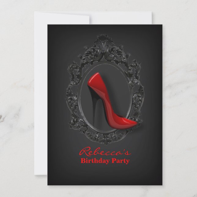 elegant red stiletto modern girly birthday party invitation (Front)