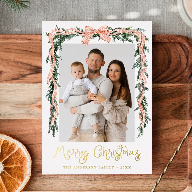 Elegant Red Striped Bow Greenery 4 Photo Foil Holiday Card (Creator Uploaded)