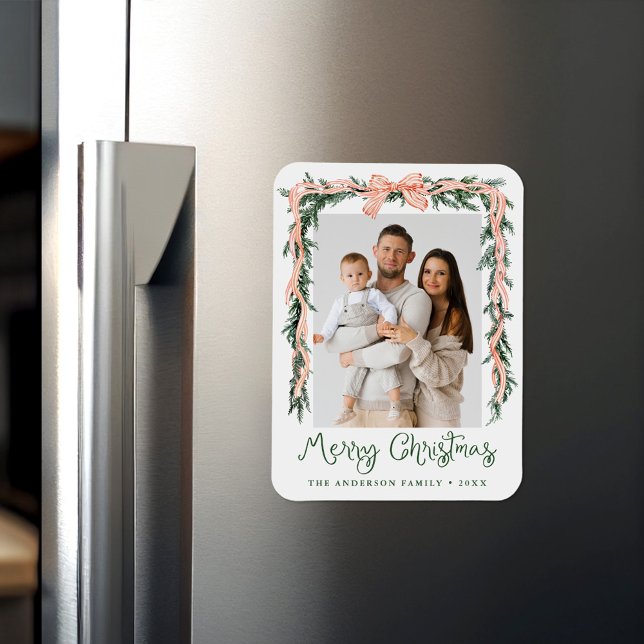 Elegant Red Striped Bow Greenery Holiday Photo Magnet (Creator Uploaded)