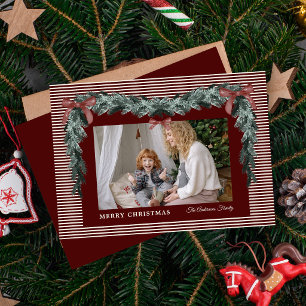 Elegant Red Stripes Christmas Garland 1 Photo  Holiday Card