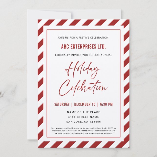 Elegant Red Stripes Christmas Holiday Celebration Invitation (Front)