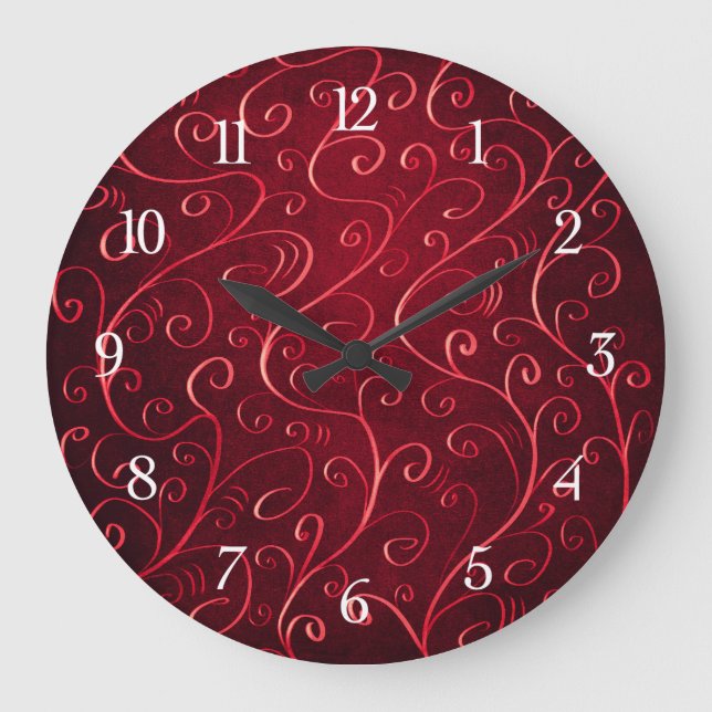 Elegant Red Swirl Pattern Large Clock (Front)