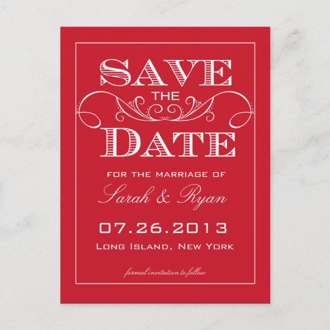 Elegant Red Swirl Save the Date Announcement Postcard (Front)