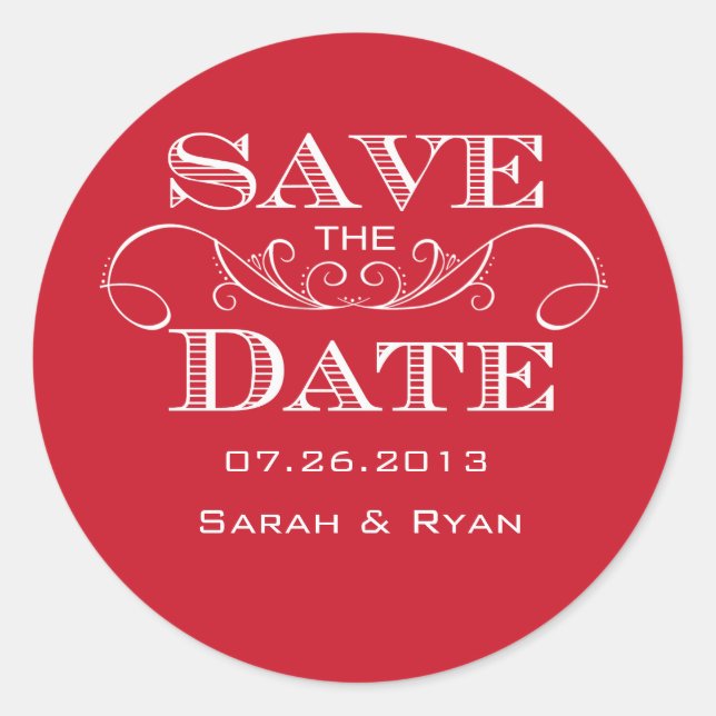Elegant Red Swirl Save the Date Sticker (Front)