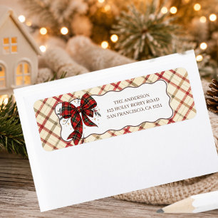 Elegant Red Tartan Bow Cream Plaid Christmas Return Address Label