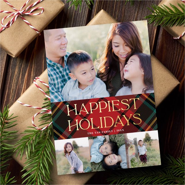 Elegant Red Tartan Christmas Multi-Photo Gold Foil Holiday Card (Creator Uploaded)