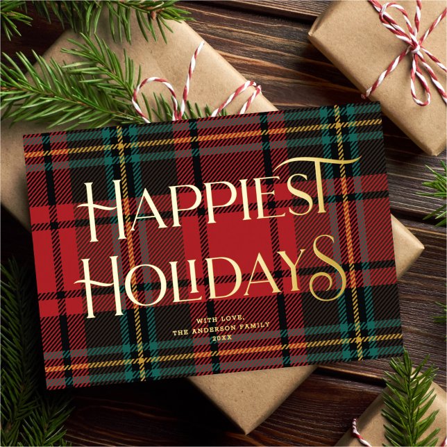 Elegant Red Tartan Christmas Non-Photo Gold Foil Holiday Card (Creator Uploaded)
