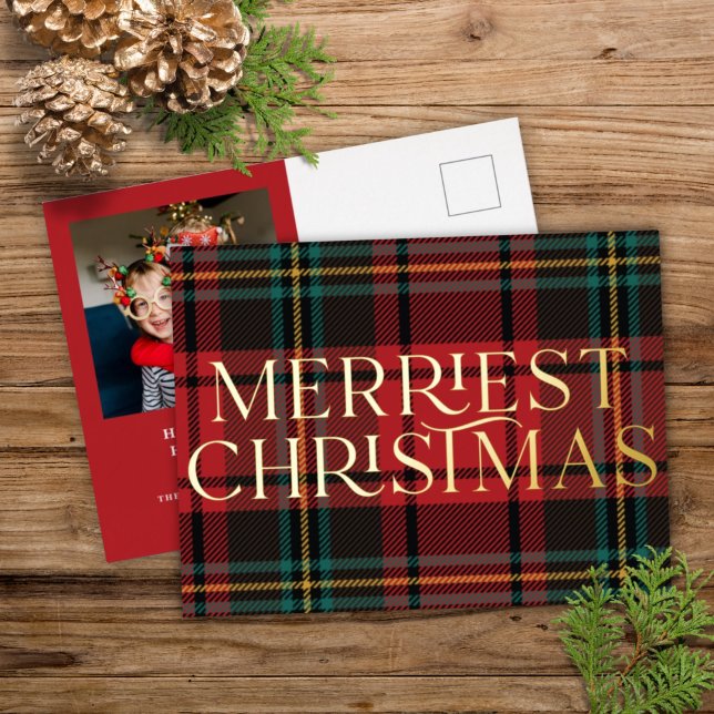 Elegant Red Tartan Christmas Photo Real Foil Card (Creator Uploaded)