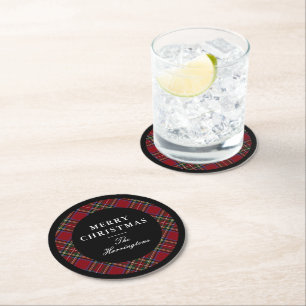 Elegant Red Tartan Christmas Round Paper Coaster