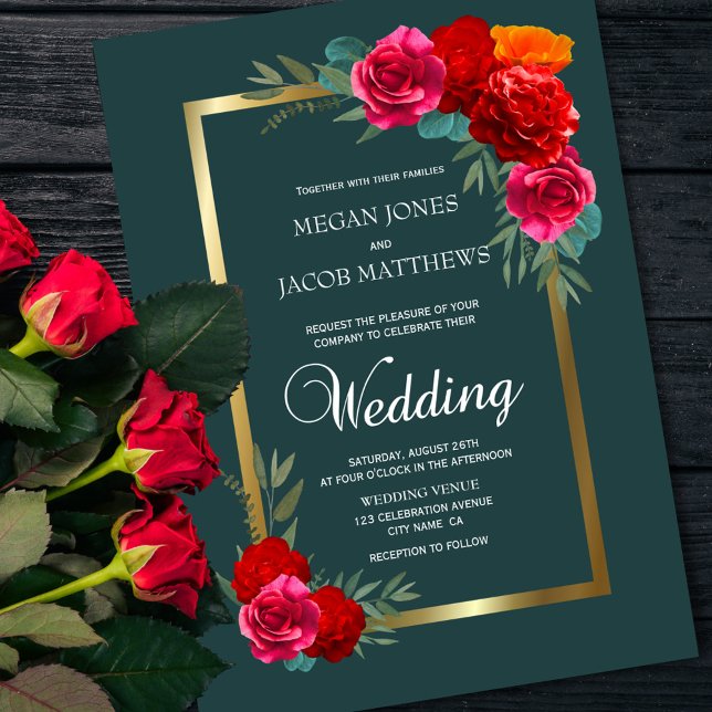Elegant Red Teal Gold Floral Wedding Invitation (Creator Uploaded)