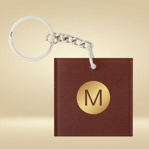 Elegant Red Texture & Gold Monogram Initial  Key Ring